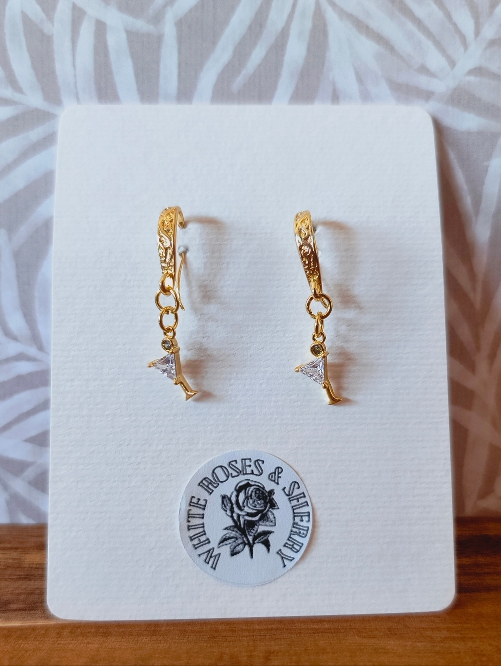 OOAK White Roses & Sherry 18k Gold Martini Glass CZ Drop Earrings